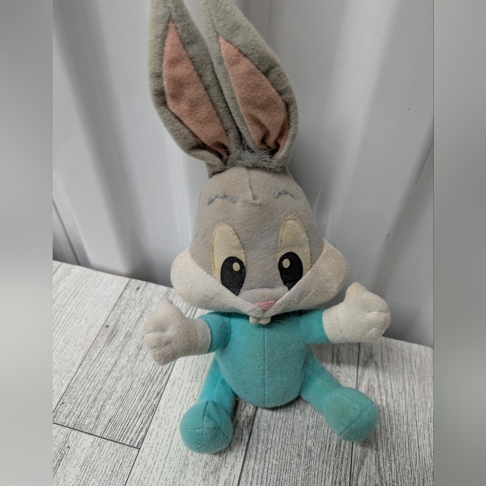 baby Tunes Gray and Blue Plush Bunny Toy - Picture 1 of 4